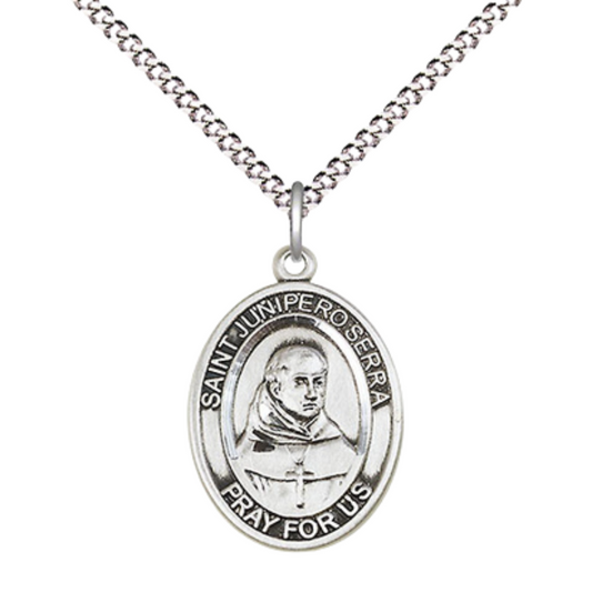 Everlasting Light Jewelry Medium Women's .925 Sterling Silver Saint St. Junipero Serra Pendant Necklace on 18- Inch Rhodium- Plated Lite Curb Brass Chain – Velvet Gift Box – Catholic Patron Saint St. Medal