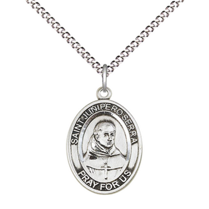 Everlasting Light Jewelry Medium Women's Pewter Saint St. Junipero Serra Pendant Necklace on 18- inch Rhodium- Plated Lite Curb Brass Chain – 3/4- inch Medal with Lobster Claw Clasp, Catholic Medal – Velvet Gift Box Included