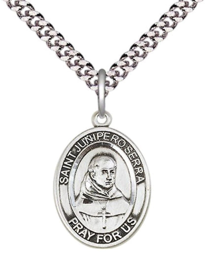 Medium Mens Oval .925 Sterling Silver Saint St. Junipero Serra Medal Pendant on 24 Inch Rhodium Plated Heavy Curb Brass Chain w/ Lobster Claw Clasp, Catholic Religious Necklace - Made in USA- Velvet Gift Box