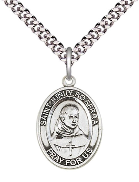 Medium Men's .925 Sterling Silver Saint St.Junipero Serra Medal Pendant on 24 Inch Endless Rhodium Plated Heavy Curb Brass Chain, Catholic Religious Necklace -Made in USA- Deluxe Velvet Gift Box