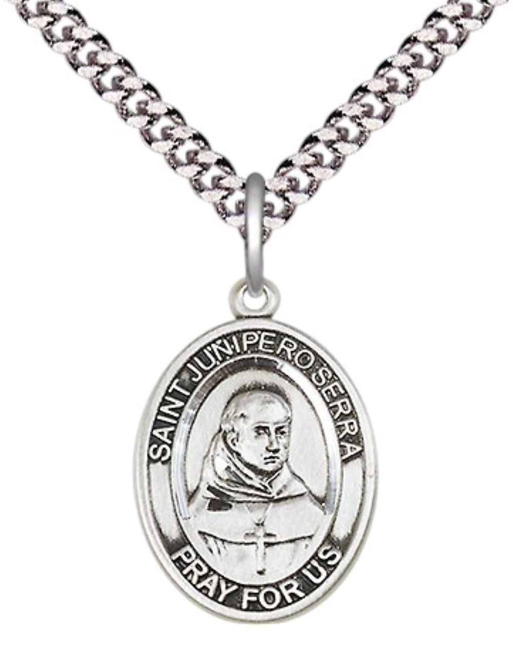 Everlasting Light Jewelry Medium Pewter Saint St. Junipero Serra Medal Pendant on 24 Inch Endless Rhodium Plated Heavy Curb Brass Chain, Catholic Religious Necklace - Made in USA- Deluxe Velvet Gift Box