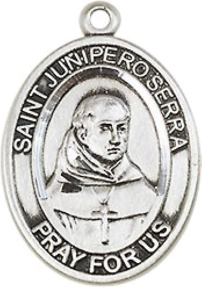 Medium Men's .925 Sterling Silver Saint St.Junipero Serra Medal Pendant on 24 Inch Endless Rhodium Plated Heavy Curb Brass Chain, Catholic Religious Necklace -Made in USA- Deluxe Velvet Gift Box