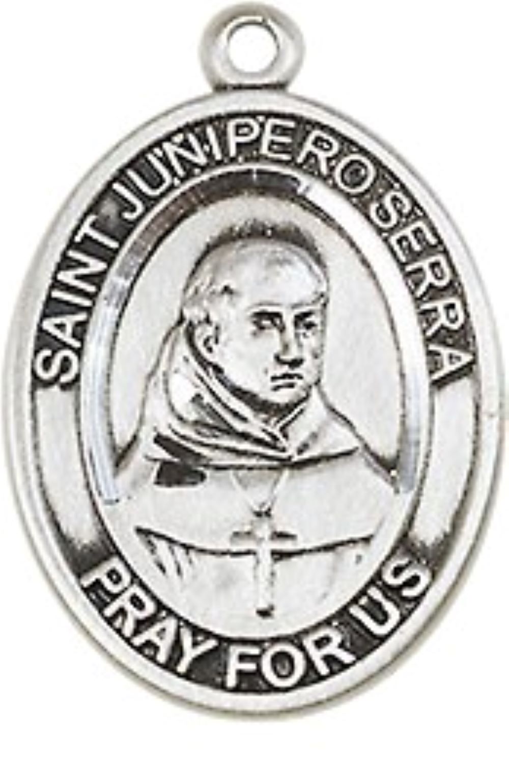 Medium Mens Oval .925 Sterling Silver Saint St. Junipero Serra Medal Pendant on 24 Inch Rhodium Plated Heavy Curb Brass Chain w/ Lobster Claw Clasp, Catholic Religious Necklace - Made in USA- Velvet Gift Box
