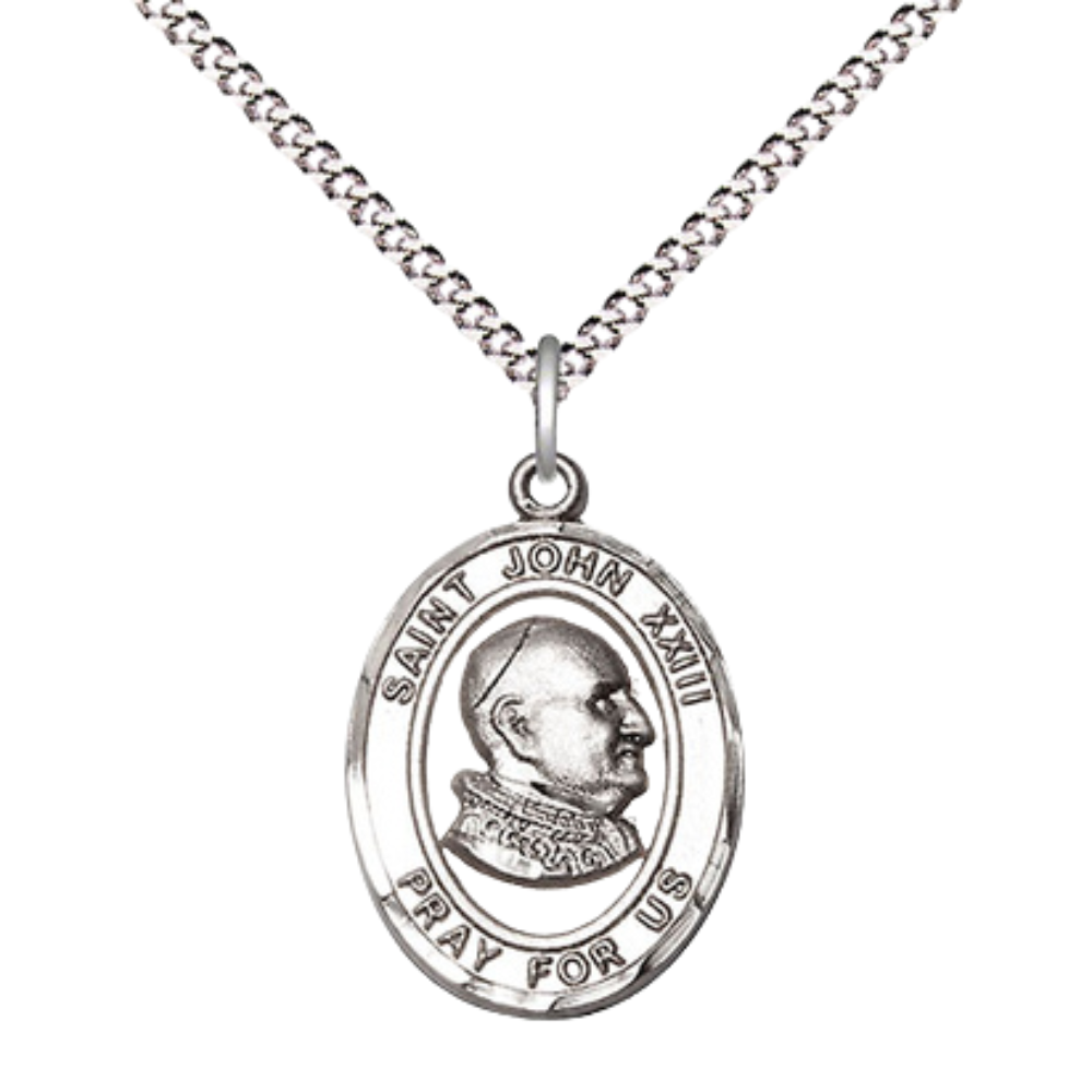 Everlasting Light Jewelry Medium Women's .925 Sterling Silver Saint St. John XXIII Pendant Necklace on 18- Inch Rhodium- Plated Lite Curb Brass Chain – Velvet Gift Box, Catholic Medal - Patron Saint. of Papal Delegates
