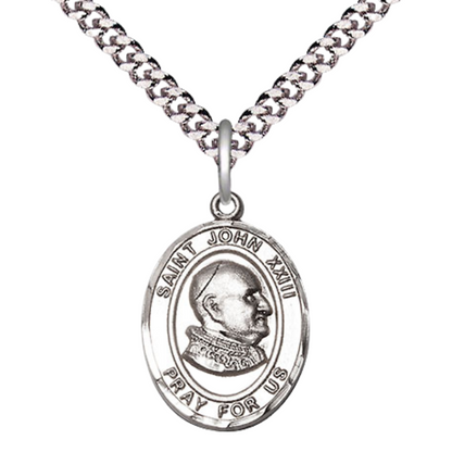 Everlasting Light Jewelry Medium Men's Pewter Saint St. John XXIII Medal Pendant on 24 Inch Endless Rhodium Plated Heavy Curb Brass Chain, Catholic Religious Necklace - Made in USA- Deluxe Velvet Gift Box
