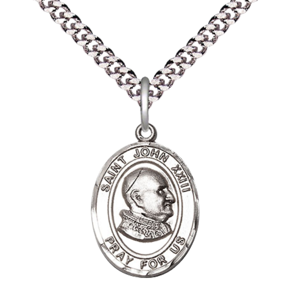 Medium Men's .925 Sterling Silver Saint St. John XXIII Medal Pendant on 24 Inch Endless Rhodium Plated Heavy Curb Brass Chain, Catholic Religious Necklace - Made in USA- Deluxe Velvet Gift Box