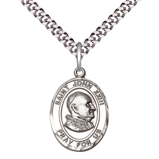 Medium Men's .925 Sterling Silver Saint St. John XXIII Medal Pendant on 24 Inch Endless Rhodium Plated Heavy Curb Brass Chain, Catholic Religious Necklace - Made in USA- Deluxe Velvet Gift Box