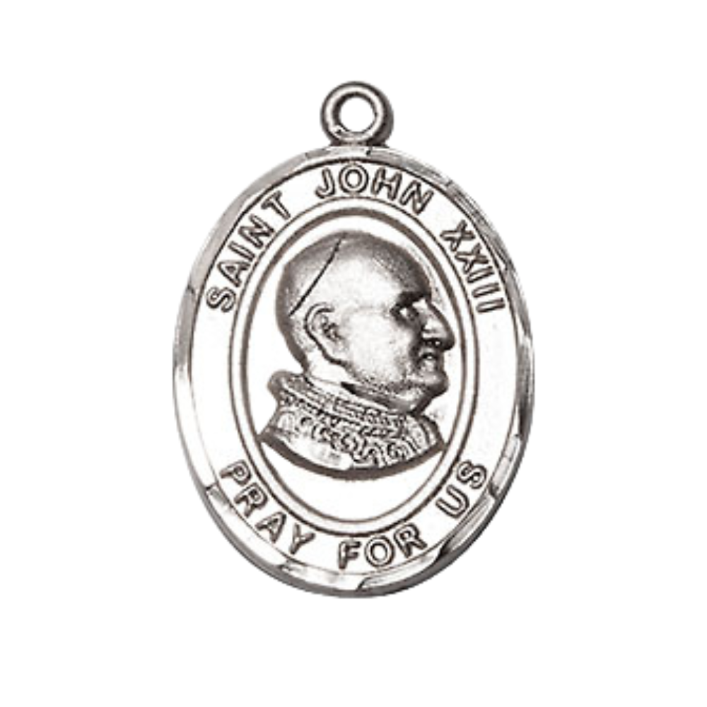Mens Medium Oval Pewter Saint St. John XXIII Medal Pendant on 24 Inch Rhodium Plated Heavy Curb Brass Chain with Lobster Claw Clasp, Catholic Religious Necklace - Made in USA- Deluxe Velvet Gift Box