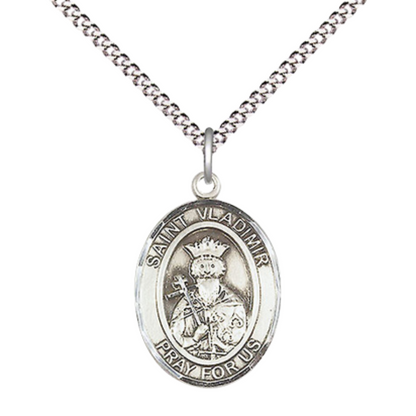 Everlasting Light Jewelry Medium Women's .925 Sterling Silver Saint St. Vladimir Pendant Necklace on 18- Inch Rhodium- Plated Lite Curb Brass Chain, Catholic Medal – Velvet Gift Box Included