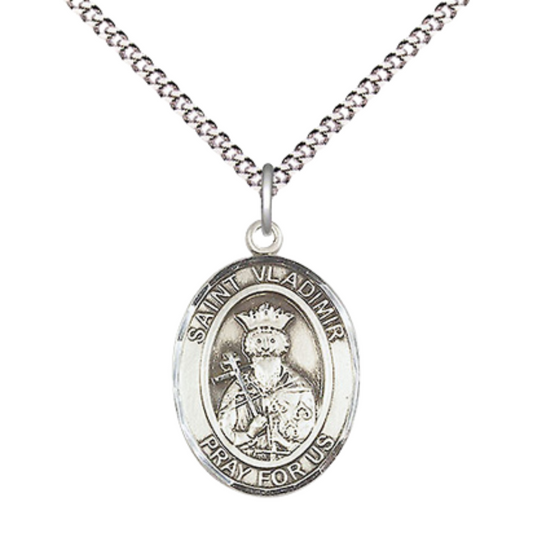 Everlasting Light Jewelry Medium Women's .925 Sterling Silver Saint St. Vladimir Pendant Necklace on 18- Inch Rhodium- Plated Lite Curb Brass Chain, Catholic Medal – Velvet Gift Box Included