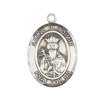 Mens Medium Oval Pewter Saint St. Vladimir Medal Pendant on 24 Inch Rhodium Plated Heavy Curb Brass Chain with Lobster Claw Clasp, Catholic Religious Necklace - Made in USA- Deluxe Velvet Gift Box