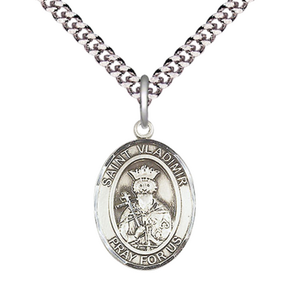 Medium Men's .925 Sterling Silver Saint St. Vladimir Medal Pendant on 24 Inch Endless Rhodium Plated Heavy Curb Brass Chain, Catholic Religious Necklace - Made in USA- Deluxe Velvet Gift Box