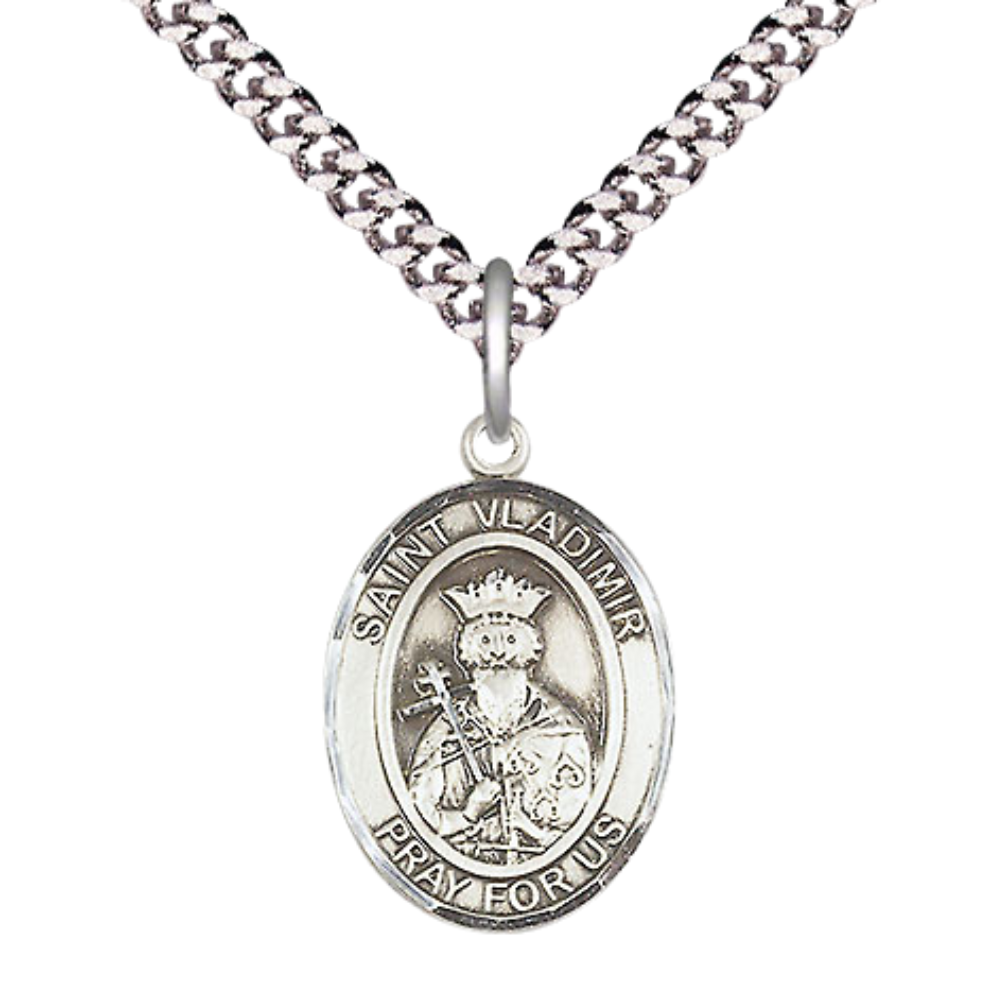 Mens Medium Oval .925 Sterling Silver Saint St. Vladimir Medal Pendant on 24 Inch Rhodium Plated Heavy Curb Brass Chain w/ Lobster Claw Clasp, Catholic Religious Necklace - Made in USA- Velvet Gift Box