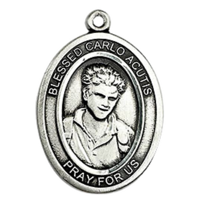 Medium Women's .925 Sterling Silver Saint St. Carlo Acutis Oval Medal Pendant with 18 Inch Rhodium Plated Lite Curb Brass Chain Necklace –Patron Saint St. of Internet, Catholic Spiritual- Velvet Gift Box– Made in USA