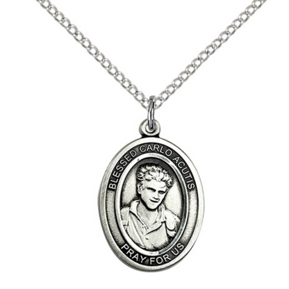 Medium Women's .925 Sterling Silver Saint St. Carlo Acutis Oval Medal Pendant with 18 Inch Rhodium Plated Lite Curb Brass Chain Necklace –Patron Saint St. of Internet, Catholic Spiritual- Velvet Gift Box– Made in USA