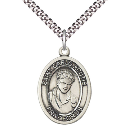 Everlasting Light Jewelry .925 Sterling Silver Saint St. Carlo Acutis Medal Pendant on 24 Inch Rhodium Plated Heavy Curb Chain, Catholic Medal Necklace with Prayer Card – Patron of the Internet- Made in USA