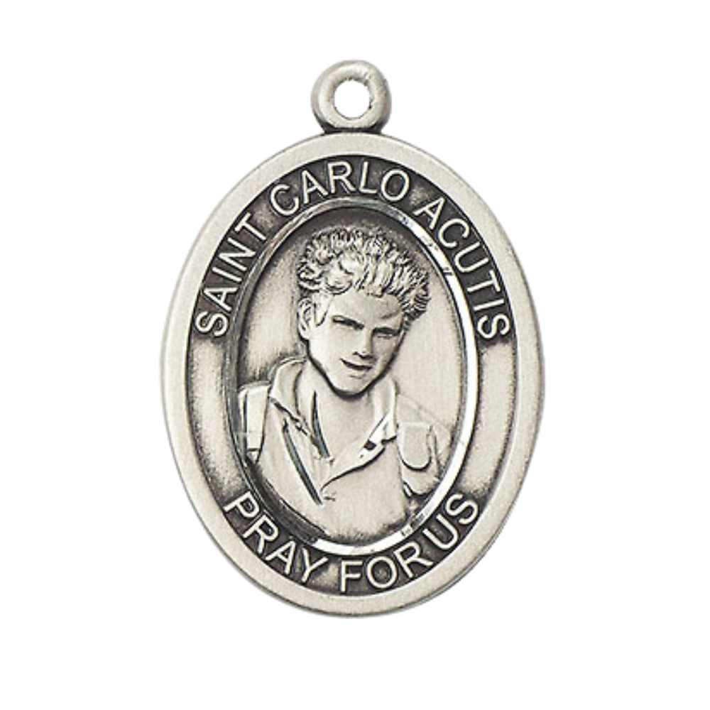 Everlasting Light Jewelry .925 Sterling Silver Saint St. Carlo Acutis Medal Pendant on 24 Inch Rhodium Plated Heavy Curb Chain, Catholic Medal Necklace with Prayer Card – Patron of the Internet- Made in USA