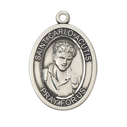 Everlasting Light Jewelry Pewter Saint St.Carlo Acutis Medal Pendant on 24" inch Rhodium Plated Heavy Curb Chain Necklace with Prayer Card – Patron of the Internet- Made in USA