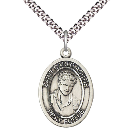 Men's .925 Sterling Silver Saint St. Carlo Acutis Medal Pendant on 24 Inch Endless Rhodium Plated Heavy Curb Brass Chain, Catholic Religious Necklace - Made in USA- Deluxe Velvet Gift Box