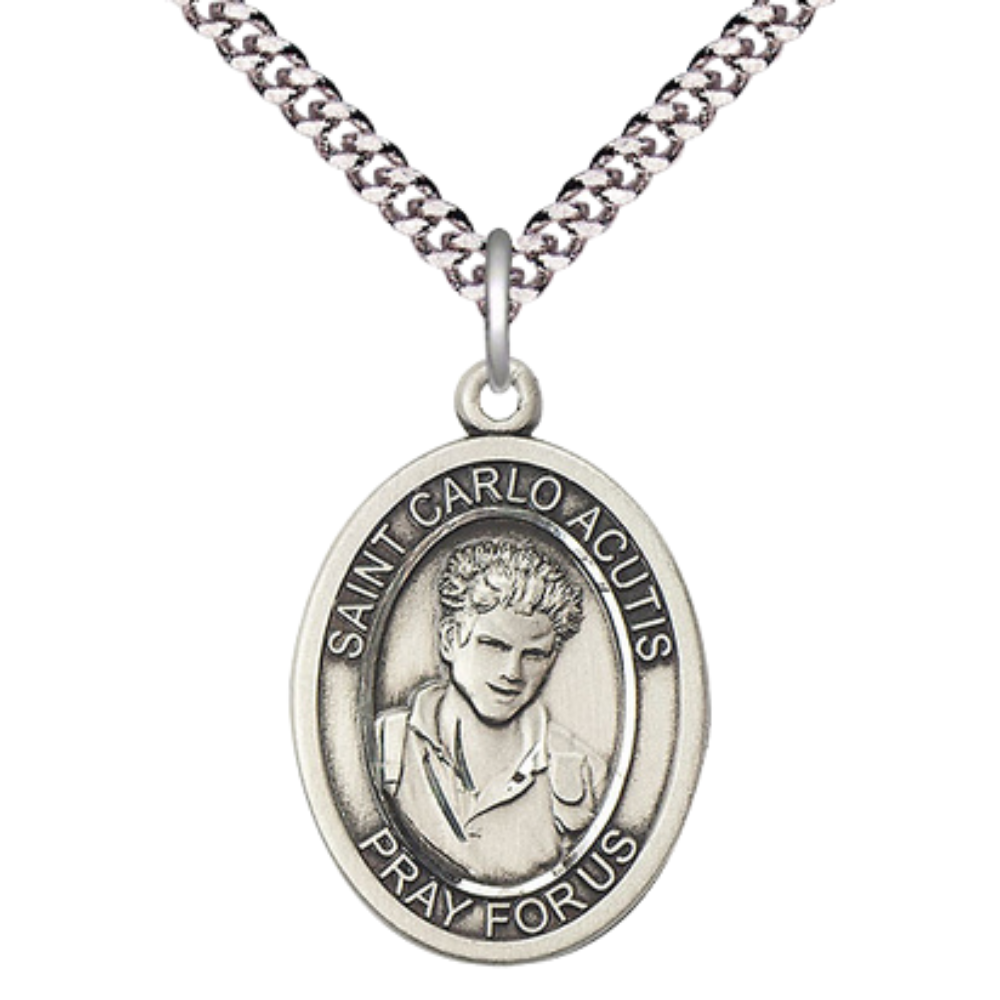 Everlasting Light Jewelry Pewter Saint St.Carlo Acutis Medal Pendant on 24" inch Rhodium Plated Heavy Curb Chain Necklace with Prayer Card – Patron of the Internet- Made in USA