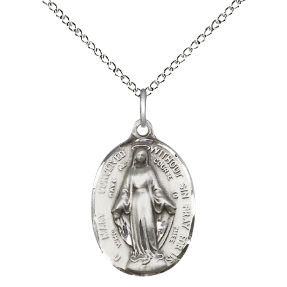 Everlasting Light Jewelry Medium Women's .925 Sterling Silver Immaculate Conception Medal Pendant on 18 Inch .925 Sterling Silver Lite Curb Chain - Catholic Religious Necklace Made in USA, Deluxe Velvet Gift Box