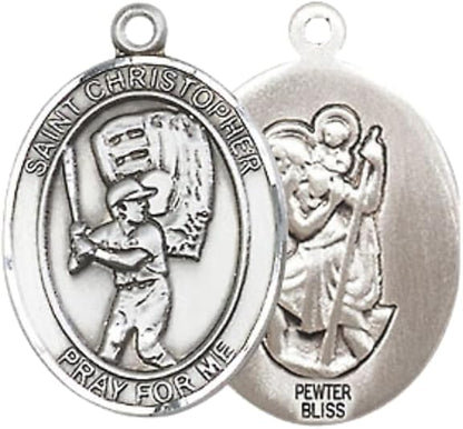 Medium Women's Pewter Saint Christopher Baseball Pendant Necklace on 18-inch Rhodium-Plated Lite Curb Brass Chain – 3/4-inch Medal with Lobster Claw Clasp – Velvet Gift Box Included
