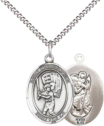 Medium Women's Pewter Saint Christopher Baseball Pendant Necklace on 18-inch Rhodium-Plated Lite Curb Brass Chain – 3/4-inch Medal with Lobster Claw Clasp – Velvet Gift Box Included