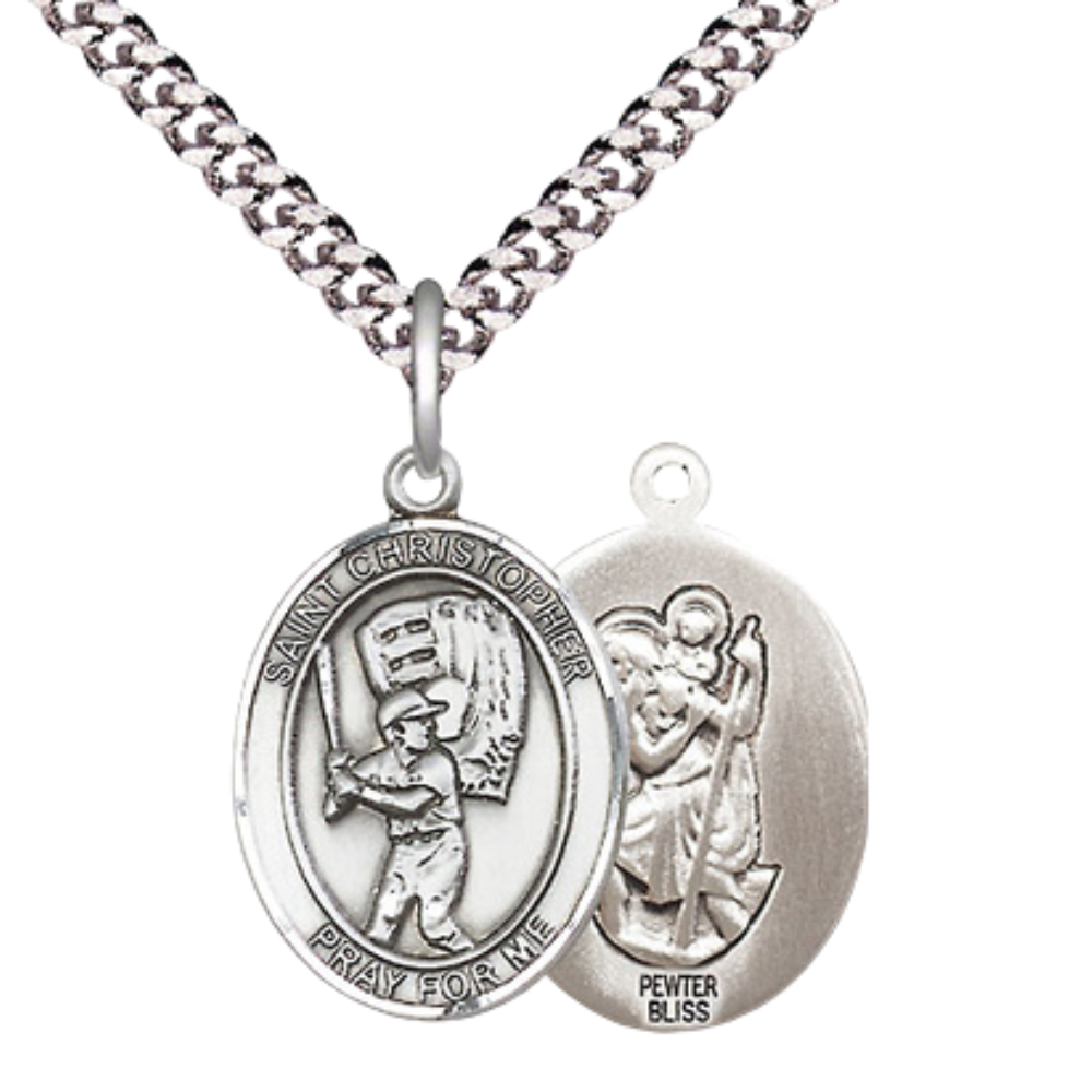 Medium Men's Pewter Saint St. Christopher Baseball Medal Pendant on 24 Inch Endless Rhodium Plated Heavy Curb Brass Chain, Catholic Religious Necklace - Made in USA- Deluxe Velvet Gift Box