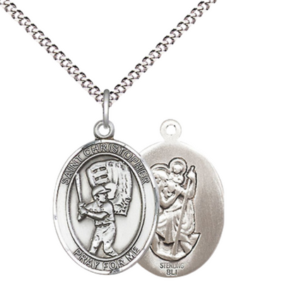 .925 Sterling Silver Saint St. Christopher Medal Pendant on 18 Inch Rhodium Plated Lite Curb Brass Chain with Lobster Claw Clasp, Catholic Religious Necklace - Made in USA- Prayer Card Included