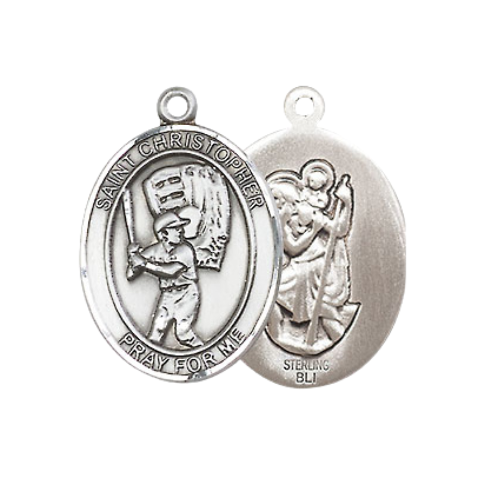 Everlasting Light Jewelry Medium Women's .925 Sterling Silver Saint St. Christopher Baseball Pendant Necklace on 18- Inch Rhodium- Plated Lite Curb Brass Chain, Catholic Medal – Velvet Gift Box Included