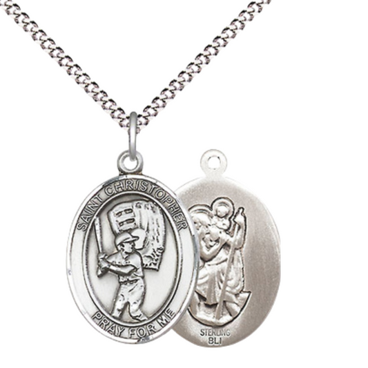 Everlasting Light Jewelry Medium Women's .925 Sterling Silver Saint St. Christopher Baseball Pendant Necklace on 18- Inch Rhodium- Plated Lite Curb Brass Chain, Catholic Medal – Velvet Gift Box Included