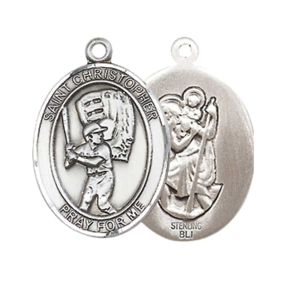 Medium Mens Oval .925 Sterling Silver Saint St. Christopher Baseball Medal Pendant on 24 Inch Rhodium Plated Heavy Curb Brass Chain w/ Lobster Claw Clasp, Catholic Religious Necklace - Made in USA- Gift Boxed