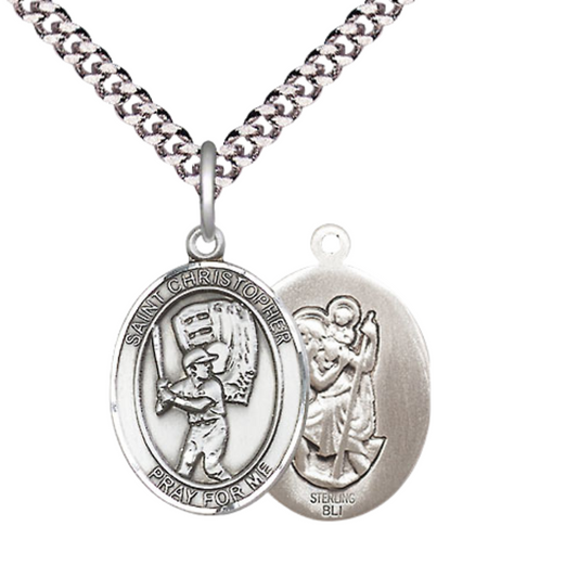 Medium Men's .925 Sterling Silver Saint St. Christopher Baseball Medal Pendant on 24 Inch Endless Rhodium Plated Heavy Curb Brass Chain, Catholic Religious Necklace - Made in USA- Deluxe Velvet Gift Box