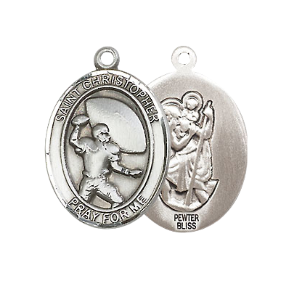 Medium Women's Pewter Saint St. Christopher Football Pendant Necklace on 18- inch Rhodium- Plated Lite Curb Brass Chain – 3/4- inch Medal with Lobster Claw Clasp, Catholic Medal – Velvet Gift Box Included