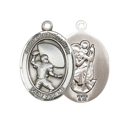 Pewter Saint St. Christopher Medal Pendant on 18 Inch Rhodium Plated Lite Curb Brass Chain with Lobster Claw Clasp, Catholic Religious Necklace- Made in USA- Prayer Card Included