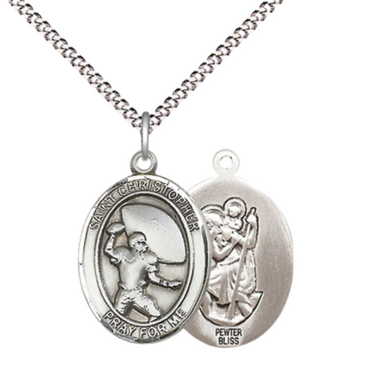 Medium Women's Pewter Saint St. Christopher Football Pendant Necklace on 18- inch Rhodium- Plated Lite Curb Brass Chain – 3/4- inch Medal with Lobster Claw Clasp, Catholic Medal – Velvet Gift Box Included