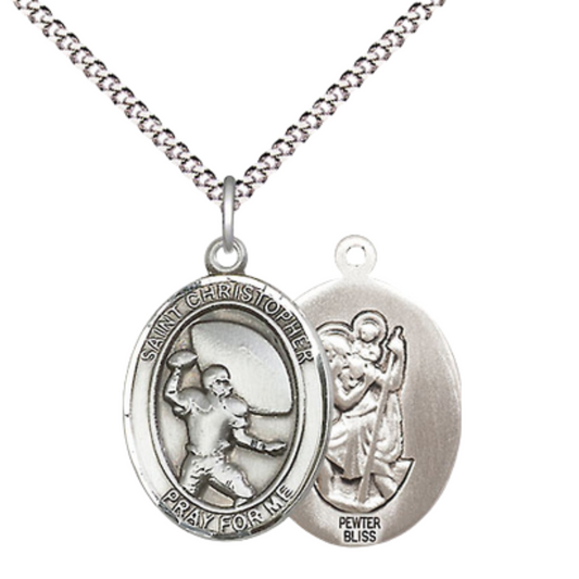 Medium Women's Pewter Saint St. Christopher Football Pendant Necklace on 18- inch Rhodium- Plated Lite Curb Brass Chain – 3/4- inch Medal with Lobster Claw Clasp, Catholic Medal – Velvet Gift Box Included