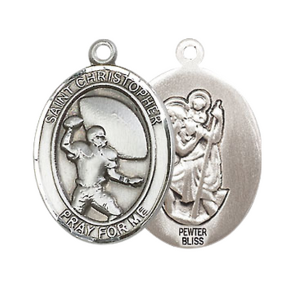 Medium Men's Pewter Saint St. Christpher Football Medal Pendant on 24 Inch Endless Rhodium Plated Heavy Curb Brass Chain, Catholic Religious Necklace - Made in USA- Deluxe Velvet Gift Box
