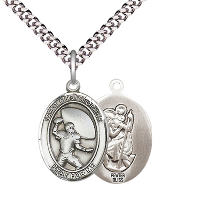 Medium Men's Pewter Saint St. Christpher Football Medal Pendant on 24 Inch Endless Rhodium Plated Heavy Curb Brass Chain, Catholic Religious Necklace - Made in USA- Deluxe Velvet Gift Box