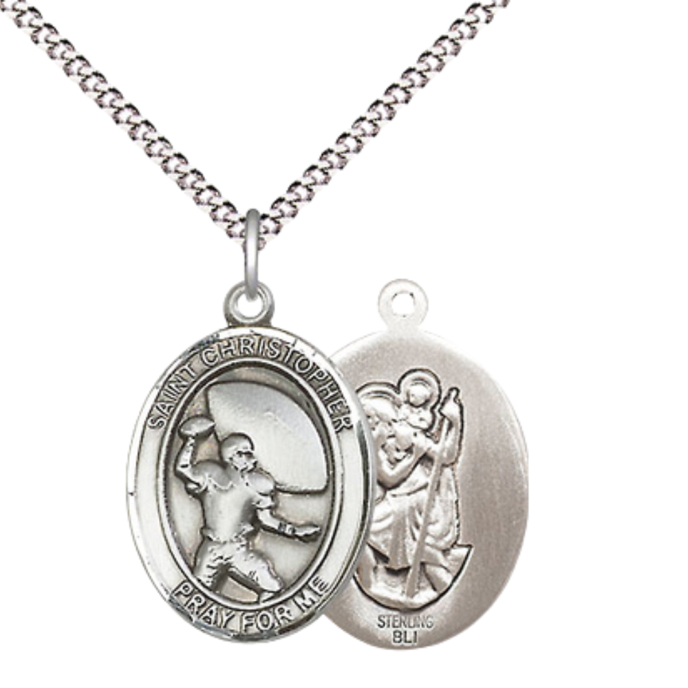 .925 Sterling Silver Saint St. Christopher Medal Pendant on 18 Inch Rhodium Plated Lite Curb Brass Chain with Lobster Claw Clasp, Catholic Religious Necklace - Made in USA- Prayer Card Included