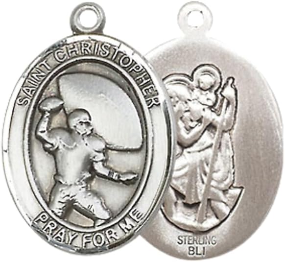 Everlasting Light Jewelry Medium Women's .925 Sterling Silver Saint St. Christopher Football Pendant Necklace on 18- Inch Rhodium- Plated Lite Curb Brass Chain, Catholic Medal – Velvet Gift Box Included
