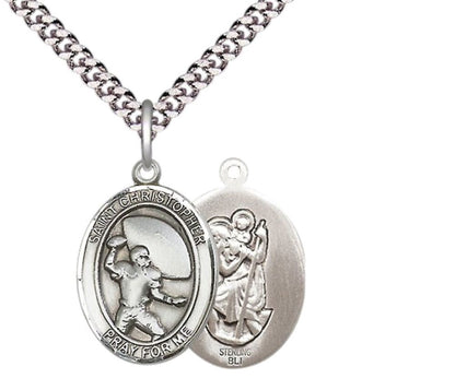 Medium Men's .925 Sterling Silver Saint Christpher Football Medal Pendant on 24 Inch Endless Rhodium Plated Heavy Curb Brass Chain, Catholic Religious Necklace -Made in USA- Deluxe Velvet Gift Box