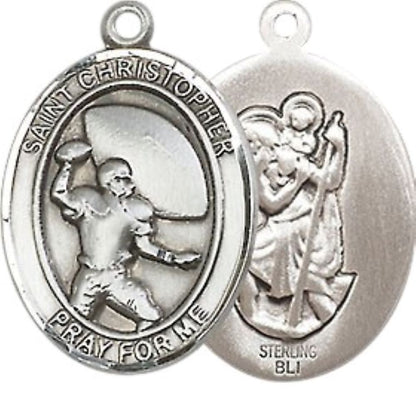 Medium Mens Oval .925 Sterling Silver Saint St. Christpher Football Medal Pendant on 24 Inch Rhodium Plated Heavy Curb Brass Chain w/ Lobster Claw Clasp, Catholic Religious Necklace - Made in USA- Gift Boxed