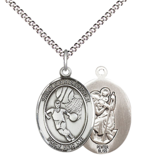 Medium Women's Pewter Saint St. Christopher Basketball Pendant Necklace on 18- inch Rhodium- Plated Lite Curb Brass Chain – 3/4- inch Medal with Lobster Claw Clasp, Catholic Medal – Velvet Gift Box Included