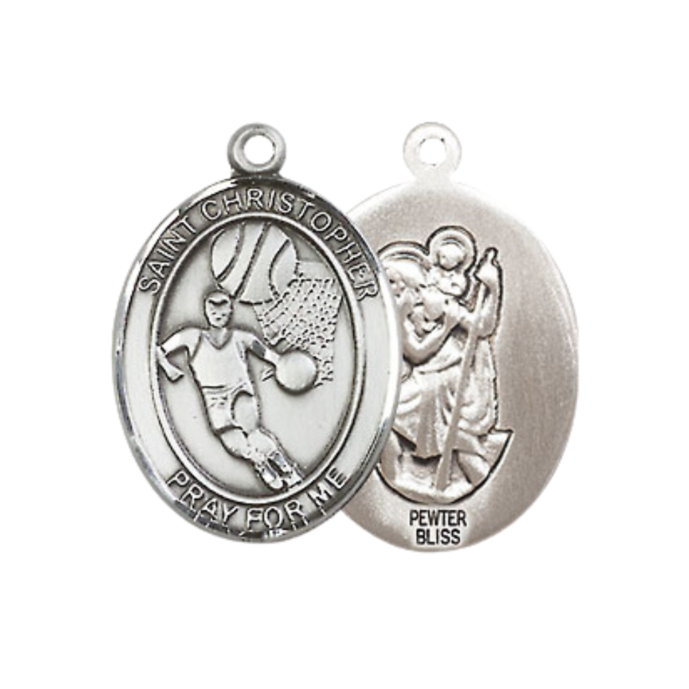 Medium Women's Pewter Saint St. Christopher Basketball Pendant Necklace on 18- inch Rhodium- Plated Lite Curb Brass Chain – 3/4- inch Medal with Lobster Claw Clasp, Catholic Medal – Velvet Gift Box Included