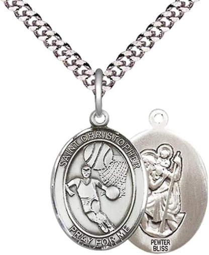 Medium Men's Pewter Saint St. Christopher Basketball Medal Pendant on 24 Inch Endless Rhodium Plated Heavy Curb Brass Chain, Catholic Religious Necklace - Made in USA - Deluxe Velvet Gift Box