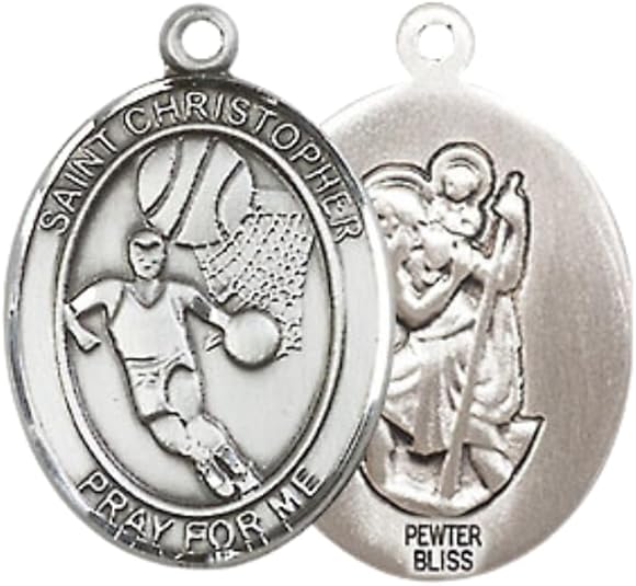 Medium Men's Pewter Saint St. Christopher Basketball Medal Pendant on 24 Inch Endless Rhodium Plated Heavy Curb Brass Chain, Catholic Religious Necklace - Made in USA - Deluxe Velvet Gift Box