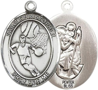 Medium Men's Pewter Saint St. Christopher Basketball Medal Pendant on 24 Inch Endless Rhodium Plated Heavy Curb Brass Chain, Catholic Religious Necklace - Made in USA - Deluxe Velvet Gift Box