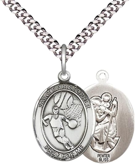 Medium Men's Pewter Saint St. Christopher Basketball Medal Pendant on 24 Inch Endless Rhodium Plated Heavy Curb Brass Chain, Catholic Religious Necklace - Made in USA - Deluxe Velvet Gift Box