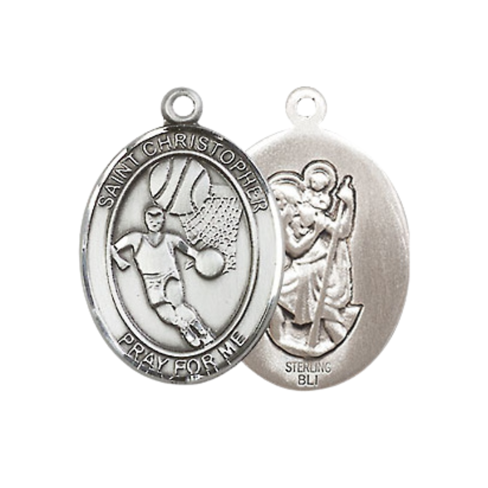 Everlasting Light Jewelry Medium Women's .925 Sterling Silver Saint St. Christopher Basketball Pendant Necklace on 18- Inch Rhodium- Plated Lite Curb Brass Chain, Catholic Medal – Includes Velvet Gift Box